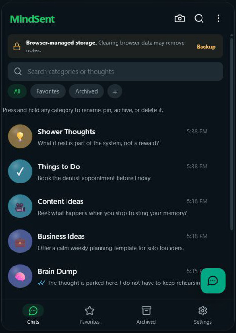MindSent category list with realistic saved thoughts